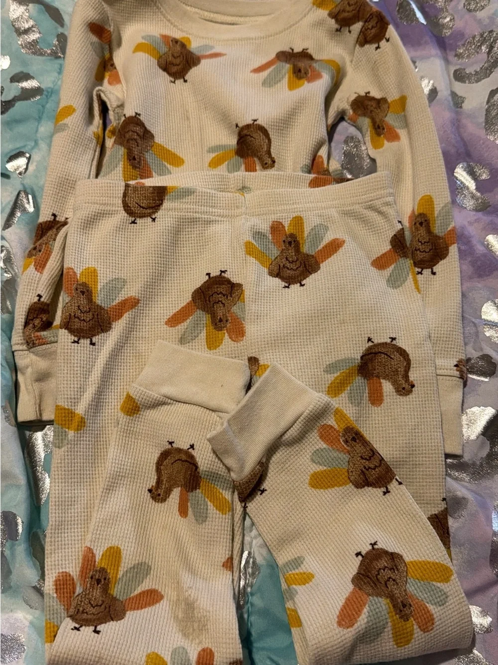 Cream Waffle-Knit Turkey Print Pajama Set